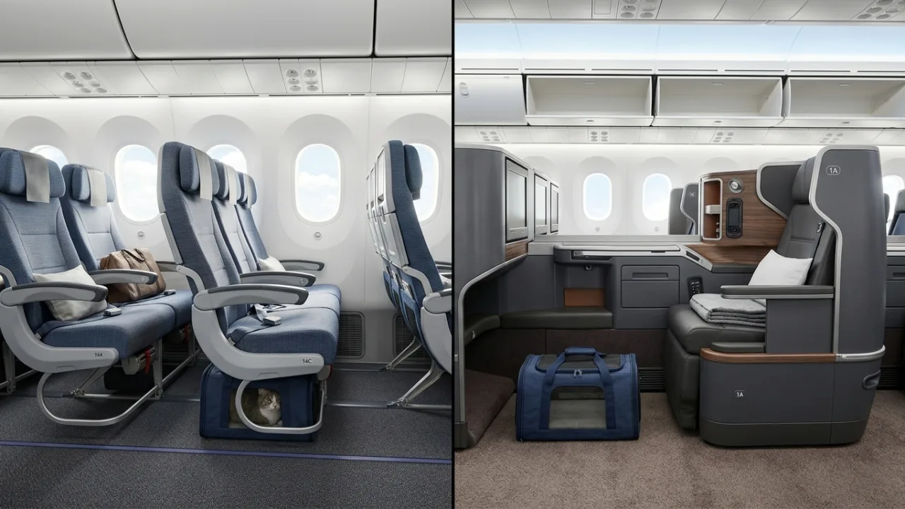 Comparison illustration - economy vs business cabin — Business vs Economy: Does Cabin Class Change Your Dog's Flying Experien