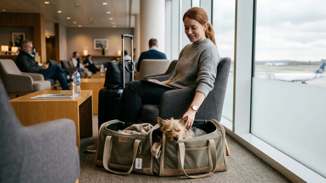 Lounge access with pet illustration — Does Airline Elite Status Actually Affect Pet Fees and Priority Handling?