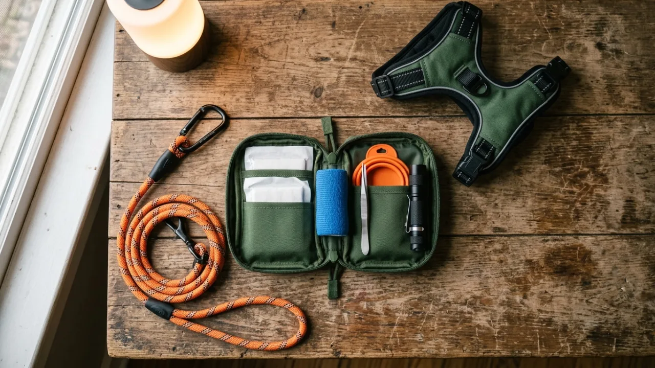 Dog first-aid and preparation checklist visual — Night Hiking With Dogs: Headlamp Choice, Visibility Gear, and Nocturnal Wild