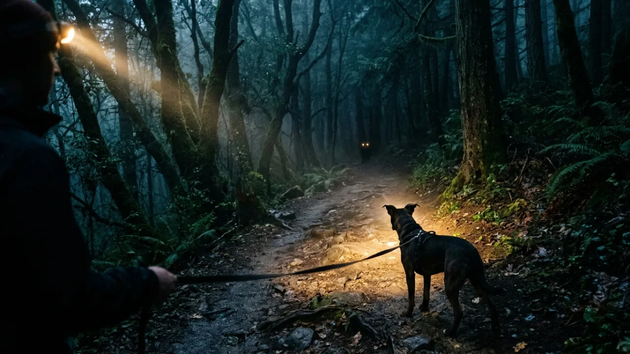 Eyeshine/wildlife awareness scene — Night Hiking With Dogs: Headlamp Choice, Visibility Gear, and Nocturnal Wildlife Risks