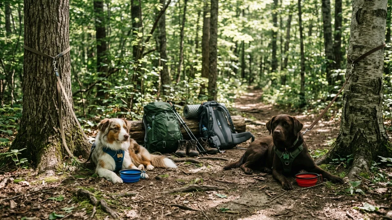 Rest stop / tethering scene — Multi-Dog Pack Hiking: How to Manage Two or More Dogs on the Same Trail